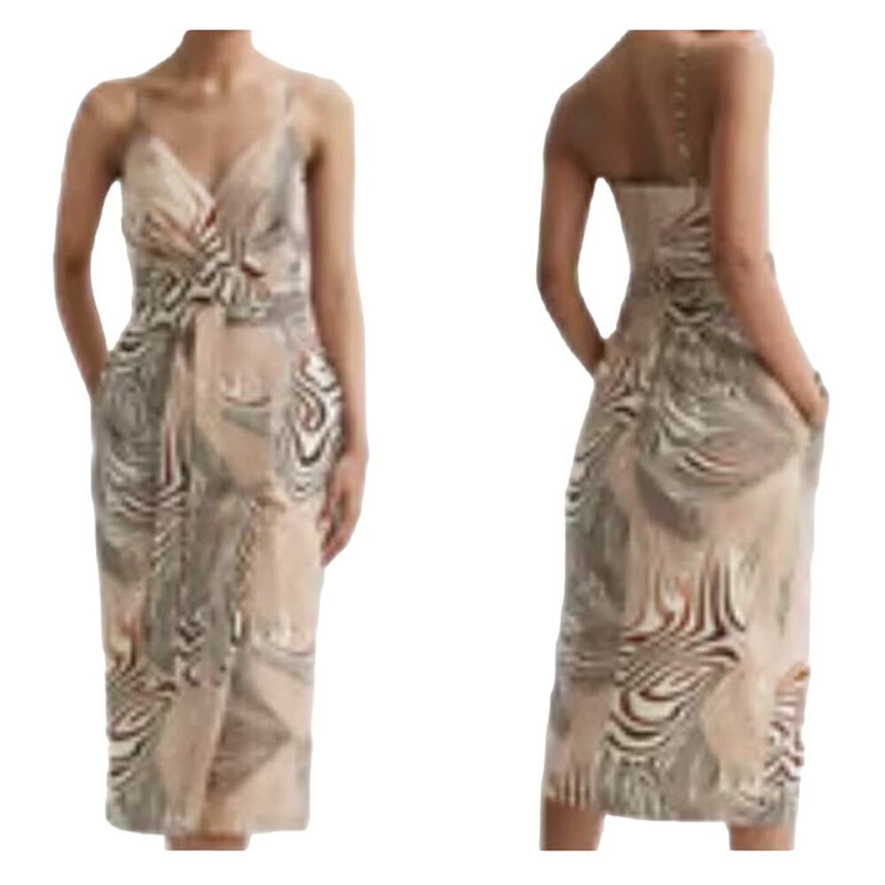 Reiss Dress Rosie fitted animal print midi beige brown size 12